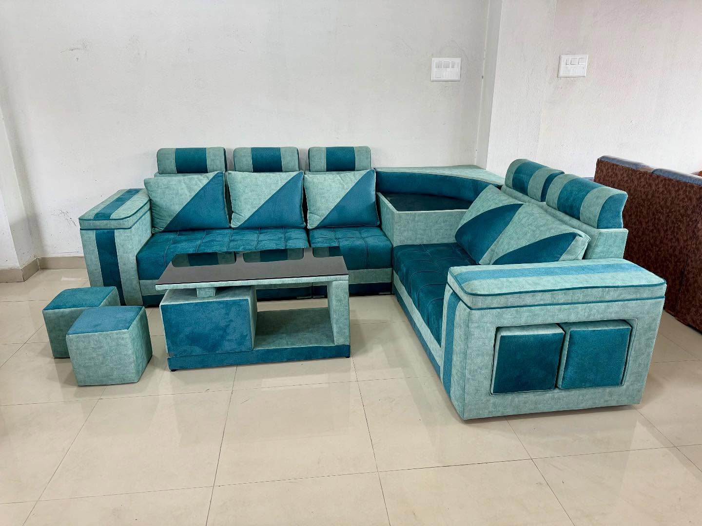 Teal corner sofa set by Rajdhani Furniture